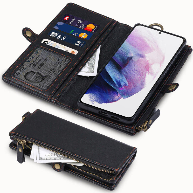 For Galaxy S21 S21+ S21U Detachable Leather Wallet Case with Card Slots & Zipper