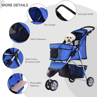 3 Wheels Folding Dog Pet Stroller Travel Carrier W/ Brake & Canopy