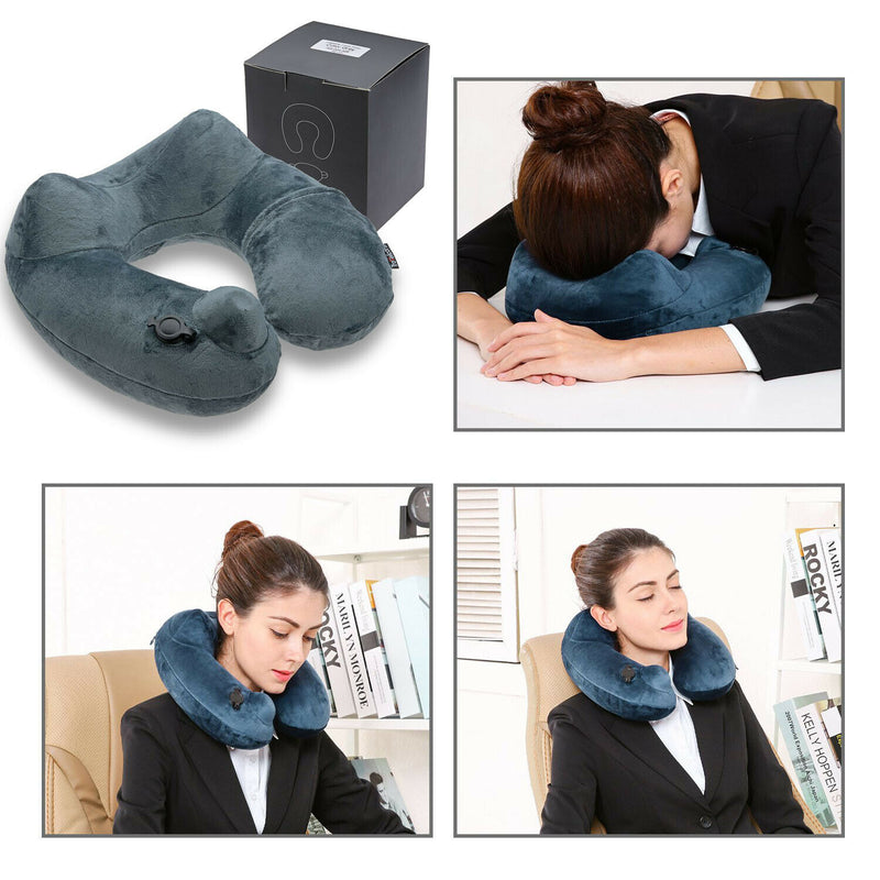 Inflatable Neck U-Shape Pillow - No Pump Needed (Grey) for Travel and Airplane