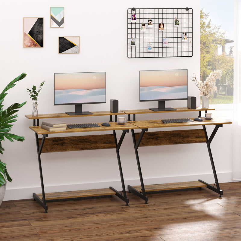 Home Computer Desk with Monitor Shelf and Storage, Gaming Writing Table, Brown