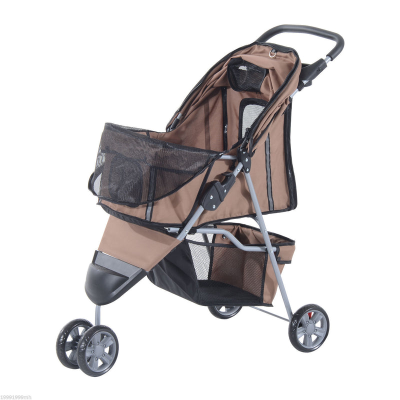 Folding Dog Stroller 3 Wheels Carrier with Brake and Canopy Coffee