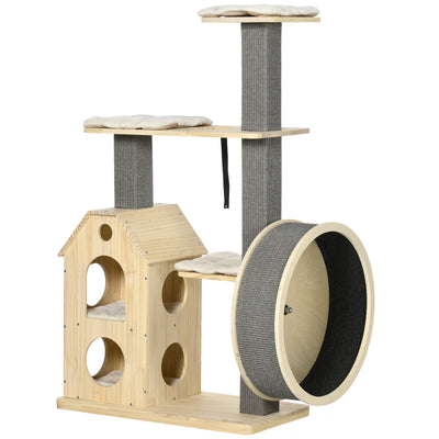 Cat Tree Activity Center w/ Sisal Scratching Post, Running Wheel, Kitten Bed