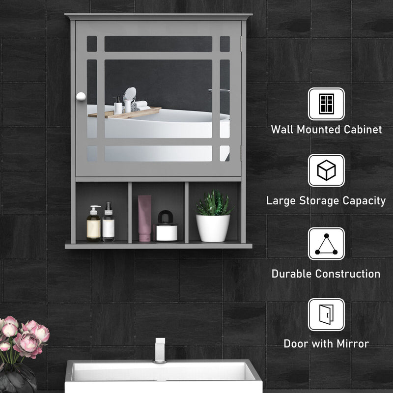 kleankin Wall Mount Mirror Cabinet with Door Shelf Bathroom & Powder Room Grey