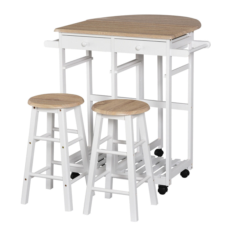 HOMCOM 3PCS Kitchen Trolley Island Set with Wheels 2 Barstool Chairs Drop Leaf