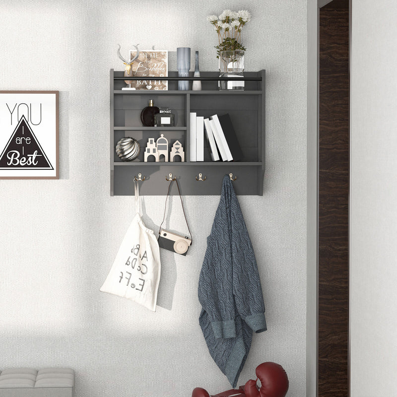 Wall-Mounted Hanging Storage Furniture with 4 Open Units and Coat Rack for Home