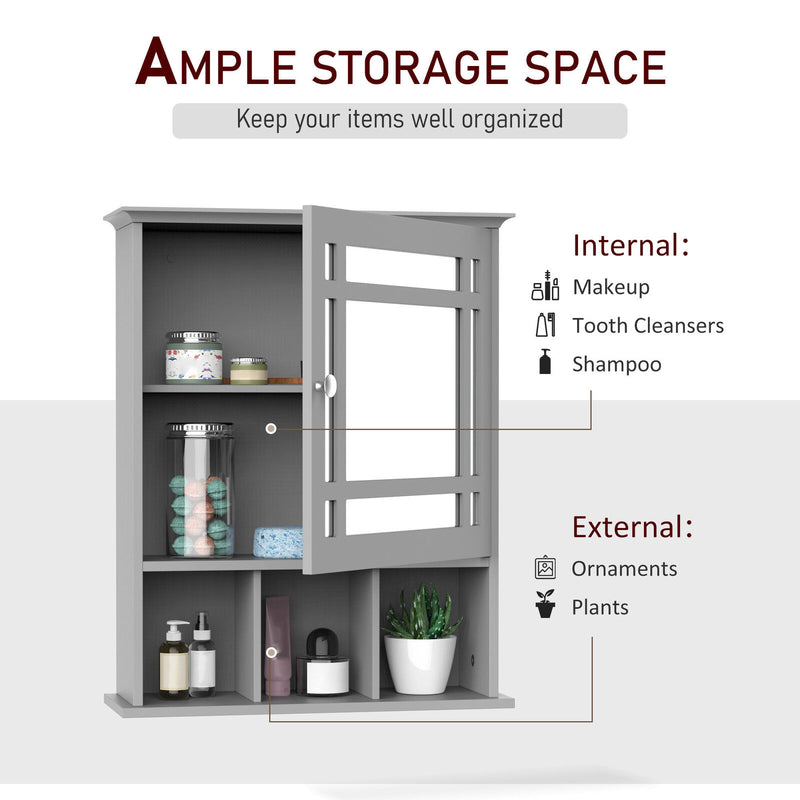 kleankin Wall Mount Mirror Cabinet with Door Shelf Bathroom & Powder Room Grey