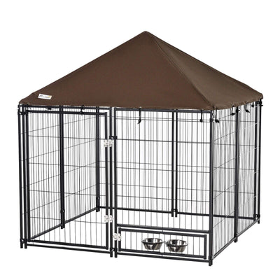 Outdoor Dog House Kennel with Canopy Top &amp; Secure Lock Rotating Bowl Holder 196393260210