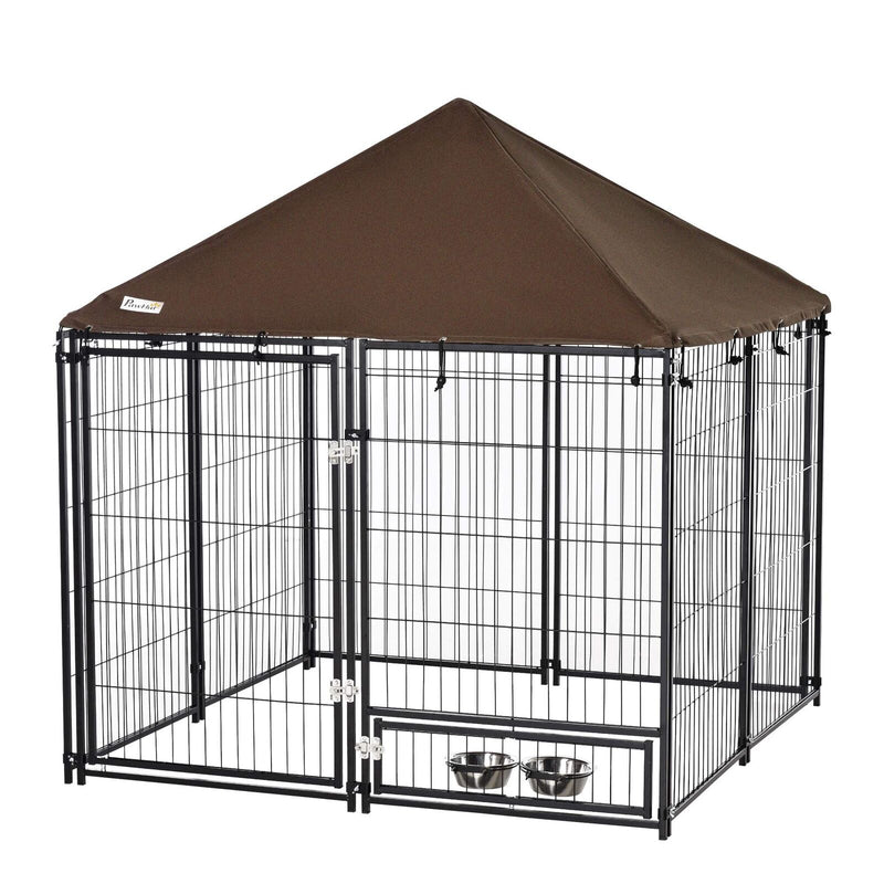 Outdoor Dog House Kennel with Canopy Top &amp; Secure Lock Rotating Bowl Holder 196393260210