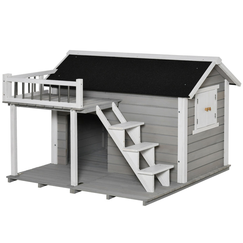 2-Story Wooden Outdoor Dog House Shelter w/ Stairs &amp; Balcony Medium, Large Dogs 196393159132