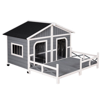 PawHut Wooden Large Dog House, Perfect for the Porch or Deck, 59" L, Grey