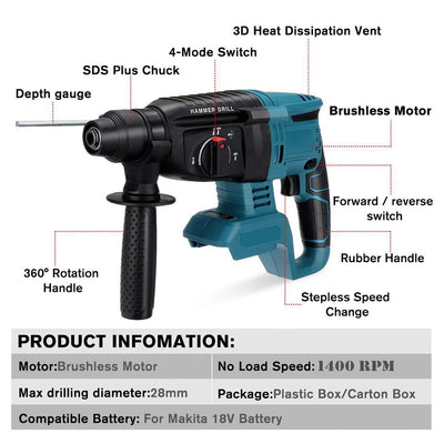 1400 RPM Handle Demolition Hammer Variable Speed 4 Functions Cordless Drill