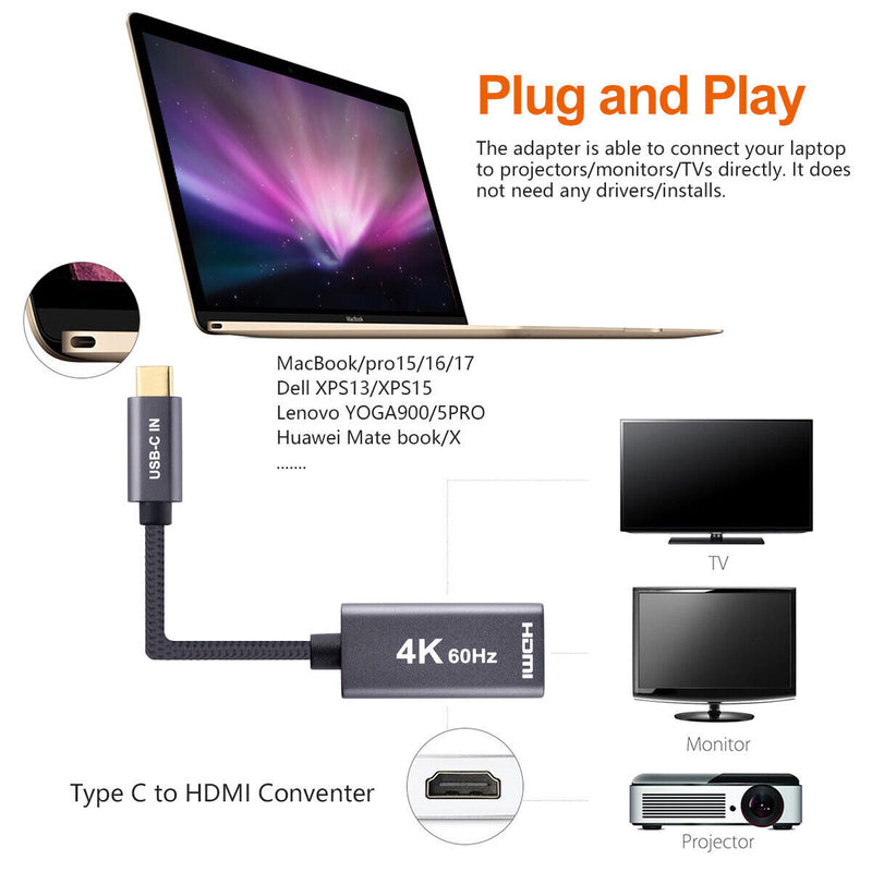 USB C to HDMI Adapter 4K@60Hz Cable [Thunderbolt 3 Compatible]+HDMI 2.0 HD Cable