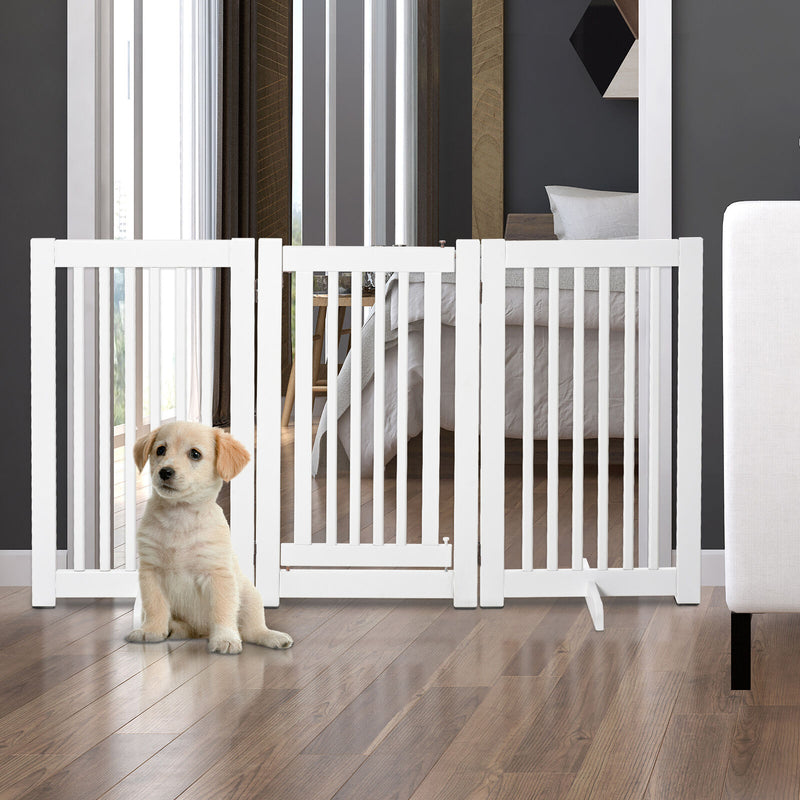 Free Standing Wood Pet Gate Indoor Dog Barrier 3 Panel Folding Z Shape Doorway