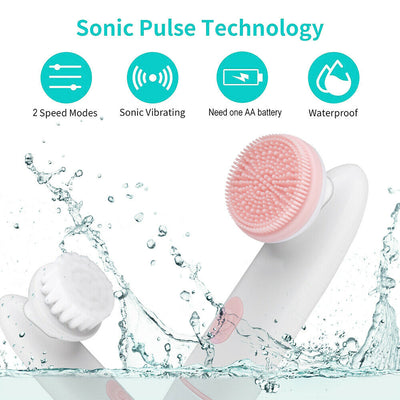 IPX6 Waterproof Sonic Facial Cleansing Brush- 2 Speed Modes, 2 Brush Heads, Base