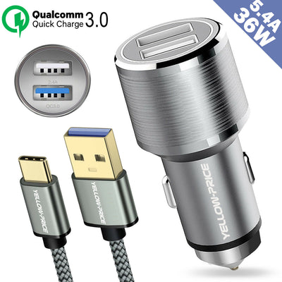 Metal QC 3.0 Car Charger Dual Ports with Braided USB3.0 A to USB-C Cable[3/6ft]