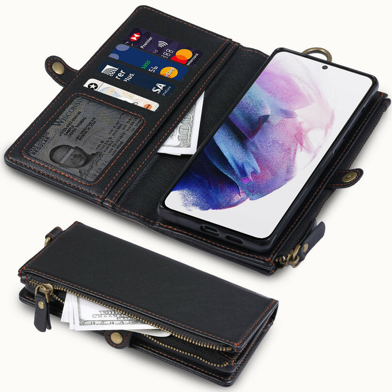 Galaxy S21+ Plus 5G 6.7inch Removable Leather Wallet Case & HD Clear Glass Film