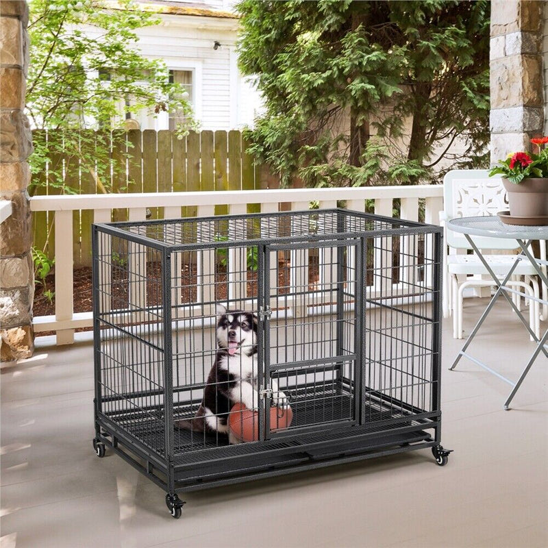 43" Large Metal Dog Crate Folding Kennel Heavy Duty Cage w/ Wheels & Tray Black