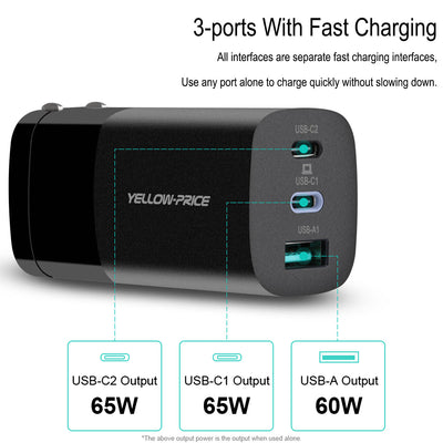 YELLOW-PRICE PD 3.0 USB C Charger 65W [GaN Power Tech] w/ Dynamic Detect, 3-Port