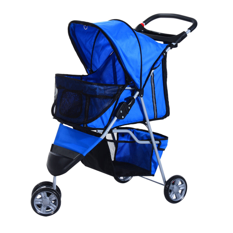 3 Wheels Folding Dog Pet Stroller Travel Carrier W/ Brake & Canopy