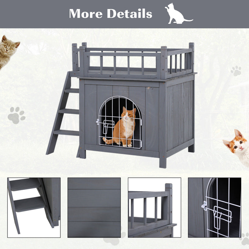 PawHut 2-Story Indoor/Outdoor Wood Cat Dog House Shelter 842525146685