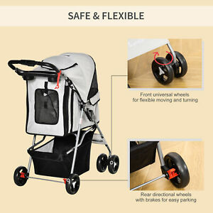 Cat Dog Carrier Cart Foldable Cup Holder with 4 Wheels Storage Basket, Grey