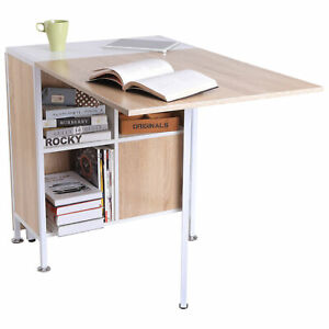 Folding Storage Table Study Laptop Desk Table Space Saving Hideaway Shelves Oak