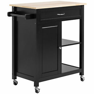 Rolling Kitchen Cart with Wood Top & Drawer, Kitchen Island on Wheels Black