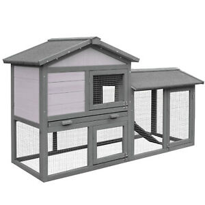 Wood Rabbit Hutch Small Animal House Asphalt Roof w/ Ramp and Outdoor Run