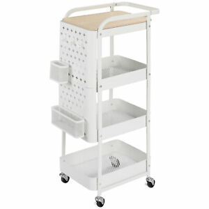 4-Tier Utility Cart with DIY Steel Pegboards & Lid for Kitchen, Office, White