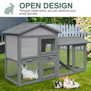 Wood Rabbit Hutch Small Animal House Asphalt Roof w/ Ramp and Outdoor Run