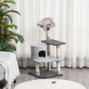 39" Cat Tree Scratching Post Condo House with Hanging Toy Grey