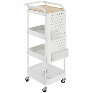 4-Tier Utility Cart with DIY Steel Pegboards & Lid for Kitchen, Office, White