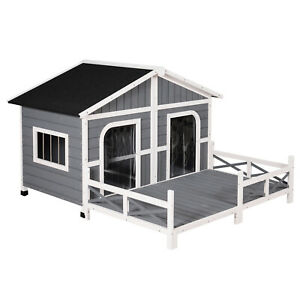 Wooden Large Dog House, Perfect for the Porch or Deck, 59" L, Grey