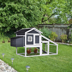 Deluxe Chicken Coop Small Animal Habitat w/ Outdoor Run Area Grey and White