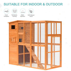 Large Wooden Outdoor Cat House with Large Run for Play, Natural