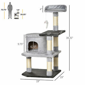 39" Cat Tree Scratching Post Condo House with Hanging Toy Grey