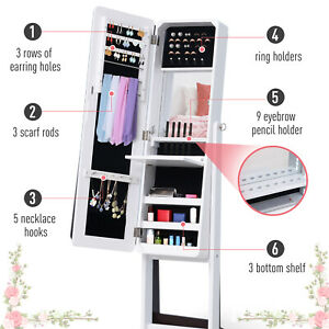 Freestanding Mirrored Jewelry Cabinet Armoire Organizer w/ Stand LED White