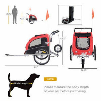 2in1 Pet Dog Bike Bicycle Trailer Stroller Jogger w/Suspension Red Black