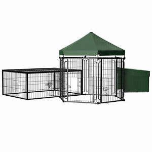 Steel Chicken Coop, Hexagonal Poultry Cage, w/ Run, Nesting Box, Canopy, Green