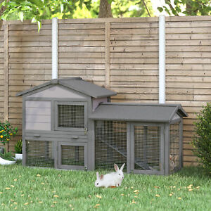 Wood Rabbit Hutch Small Animal House Asphalt Roof w/ Ramp and Outdoor Run