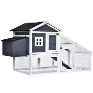 Deluxe Chicken Coop Small Animal Habitat w/ Outdoor Run Area Grey and White