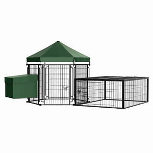 Steel Chicken Coop, Hexagonal Poultry Cage, w/ Run, Nesting Box, Canopy, Green