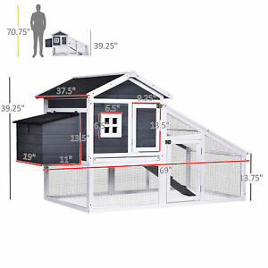 Deluxe Chicken Coop Small Animal Habitat w/ Outdoor Run Area Grey and White