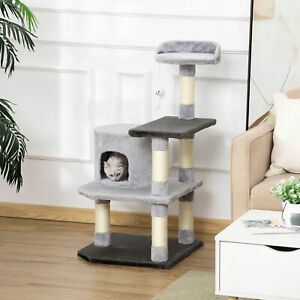 39" Cat Tree Scratching Post Condo House with Hanging Toy Grey