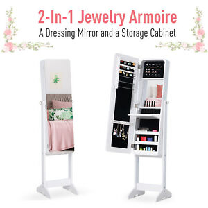 Freestanding Mirrored Jewelry Cabinet Armoire Organizer w/ Stand LED White