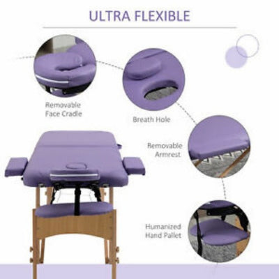 3 Section Massage Table Spa Facial Bed Adjustable Foldable Purple