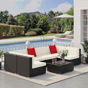 7 Piece Rattan Sofa Set Wicker Garden Outdoor Furniture Cream White