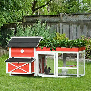 Chicken Coop Small Animal Habitat Hen House with Run Nesting Box, Red