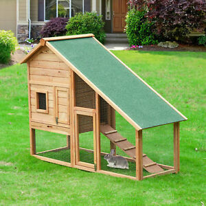 Wood Rabbit Hutch Chicken Coop w/ Run Ramp Backyard