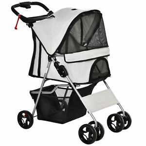 Cat Dog Carrier Cart Foldable Cup Holder with 4 Wheels Storage Basket, Grey